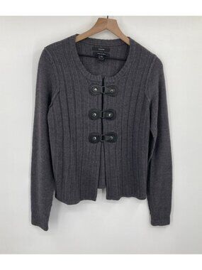 Tahari Merino Wool Grey Knit Cardigan Women's Medium Faux Leather Snap Buckle